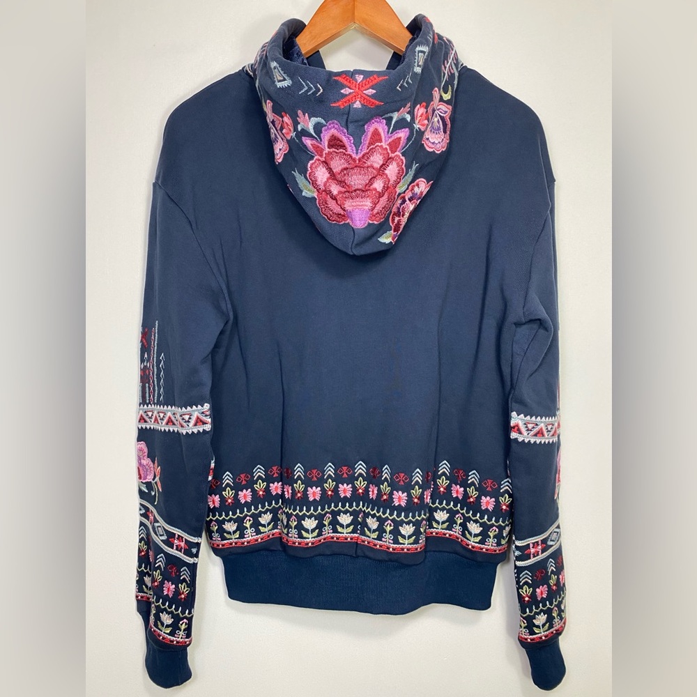Floral Embroidery Navy Blue Boho Long Sleeves Sweatshirt Hooded Jackets, S - Picture 5 of 16